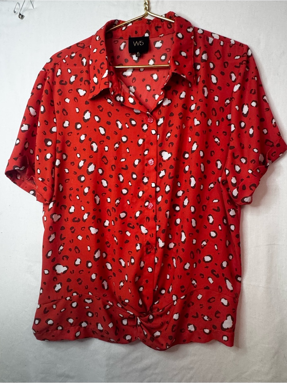 W5 Red Leopard Print Button-Down Tie Front Blouse